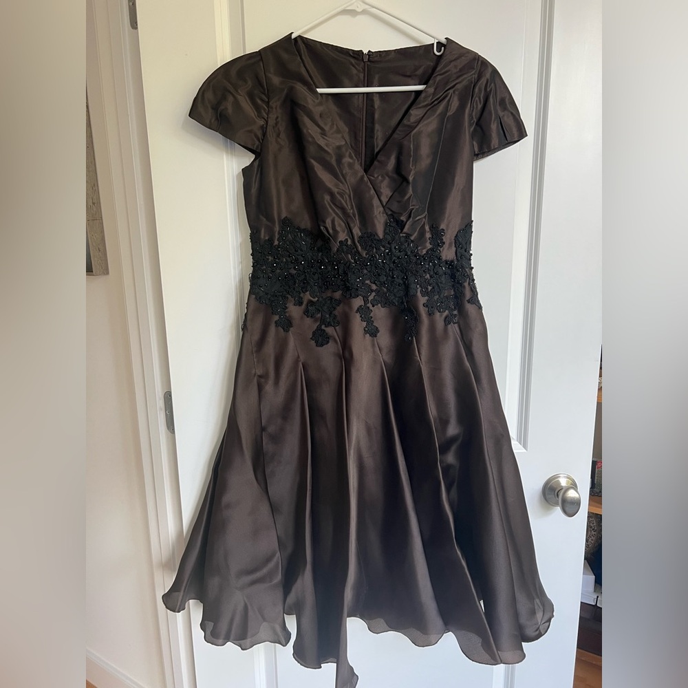 Elegant Chocolate Brown Silk Dress with Black Lace Waist Detail